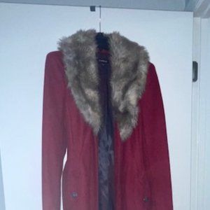 Bebe, long red wool coat with faux fur collar